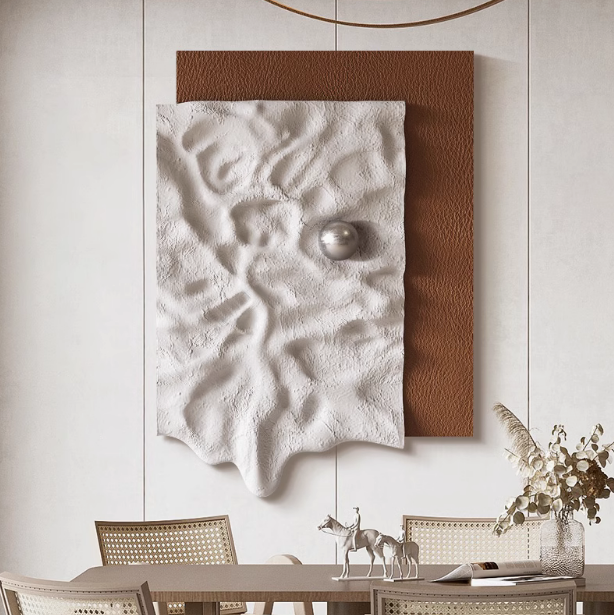 Wabi-sabi style 3D relief handcrafted decorative painting, sandstone living room real painting, metal ball high-end entrance hanging painting